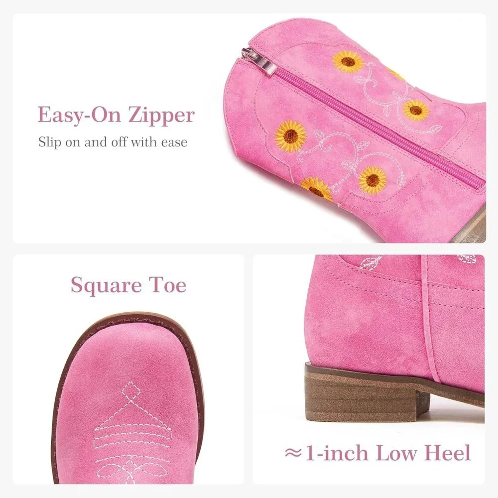 ⚡Girls Rose Pink Floral Embroidered Cowgirl Boots Western Square Toe Mid Calf